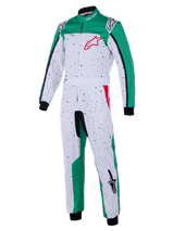 Alpinestars Youth KMX-9 V3 Graphic 6 Suit, Karting Racing Suit, White Green and Red, featuring a black speckled pattern on a white base, green panels, integrated waist belt, black cuffs, and red logo accents, youth motorsport apparel