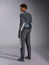 Alpinestars GP Pro Comp V2 FIA Auto Racing Suit in Black and Asphalt with white accents, rear 3/4 profile view.