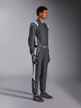 Alpinestars GP Pro Comp V2 FIA Suit, Men's Auto Racing Suit in Black, Asphalt, and White, side profile on model.