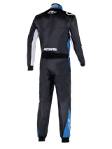 Alpinestars Atom Graphic 4 Suit, full-body back view of auto racing suit, Black with silver and blue accents, featuring white ASTARS branding on the waist and blue panels on legs, professional FIA-certified motorsport protective clothing