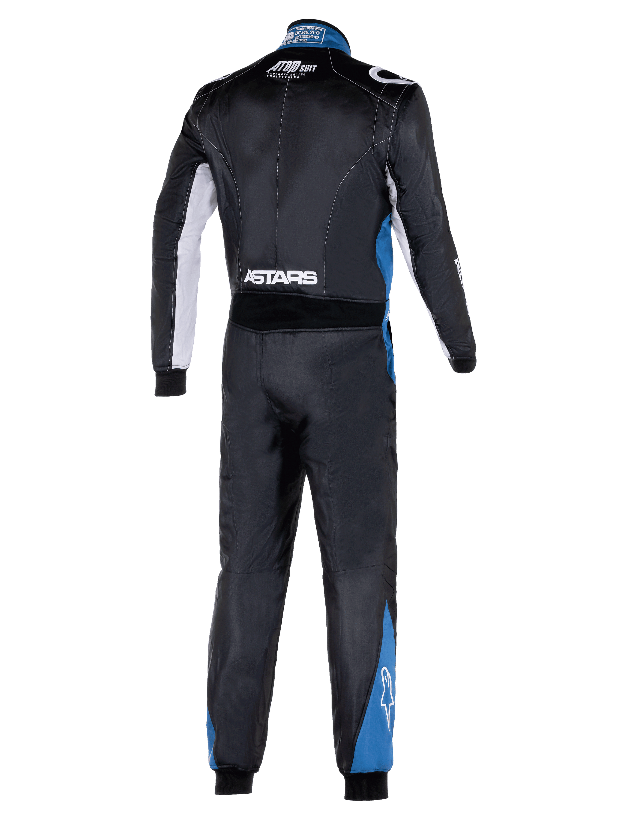 Alpinestars Atom Graphic 4 Suit, full-body back view of auto racing suit, Black with silver and blue accents, featuring white ASTARS branding on the waist and blue panels on legs, professional FIA-certified motorsport protective clothing