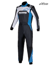 Alpinestars Atom Graphic 4 Suit - FIA, men's auto racing suit in black, silver, and blue, front view showing two-layer aramidic construction and FIA 8856-2018 certification
