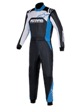 Alpinestars Atom Graphic 4 Suit, One-Piece Auto Racing Suit, Black Silver and Blue, featuring bold ASTARS branding on the chest, white and blue panels, high collar, and ribbed cuffs, professional motorsport protective apparel