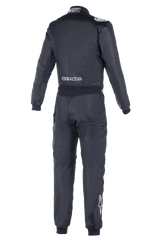 Alpinestars Atom FIA Suit, Auto Racing Suit, Rear View in Black, featuring white Alpinestars branding on the lower back and right calf, FIA homologation label on the collar, sleek one-piece textile construction for professional motorsport safety