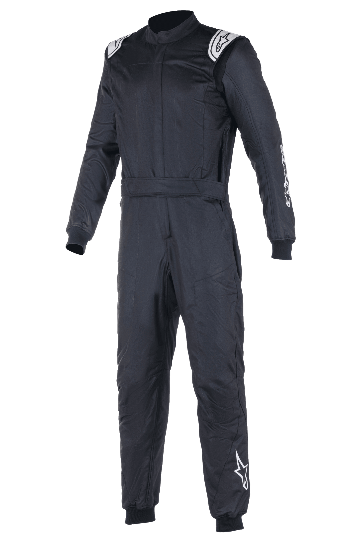 Alpinestars Atom FIA Suit, Black Auto Racing Suit, one-piece design featuring white Alpinestars logos on shoulders and left leg, high collar with ribbed cuffs and waist belt, professional motorsport and racing apparel