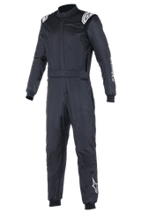 Alpinestars Atom FIA Suit, Black Auto Racing Suit, one-piece design featuring white Alpinestars logos on shoulders and left leg, high collar with ribbed cuffs and waist belt, professional motorsport and racing apparel