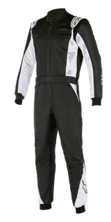 Alpinestars Atom FIA Suit, Auto Racing Suit, Black and Silver, featuring white panels on the sleeves and legs, shoulder epaulettes, waist belt, and ribbed cuffs, professional FIA-certified motorsport design