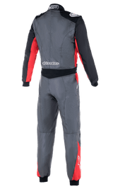 Alpinestars Atom FIA Suit, Auto Racing Suit, Anthracite Red and Black, back view showing stretch waist panels, shoulder epaulettes, and Alpinestars branding on the lower back and shoulders.