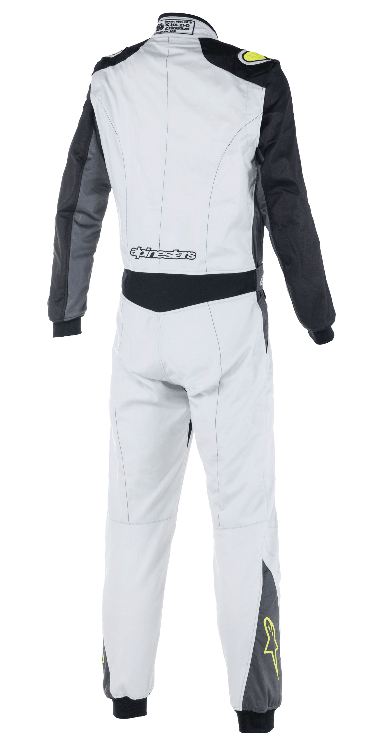 Alpinestars Atom FIA Suit, Auto Racing Suit, Silver, Anthracite and Yellow Fluo, rear view showing black sleeves and waist panel, Alpinestars branding on lower back, yellow star logos on lower legs, FIA certified motorsport apparel