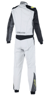 Alpinestars Atom FIA Suit, Auto Racing Suit, Silver, Anthracite and Yellow Fluo, rear view showing black sleeves and waist panel, Alpinestars branding on lower back, yellow star logos on lower legs, FIA certified motorsport apparel