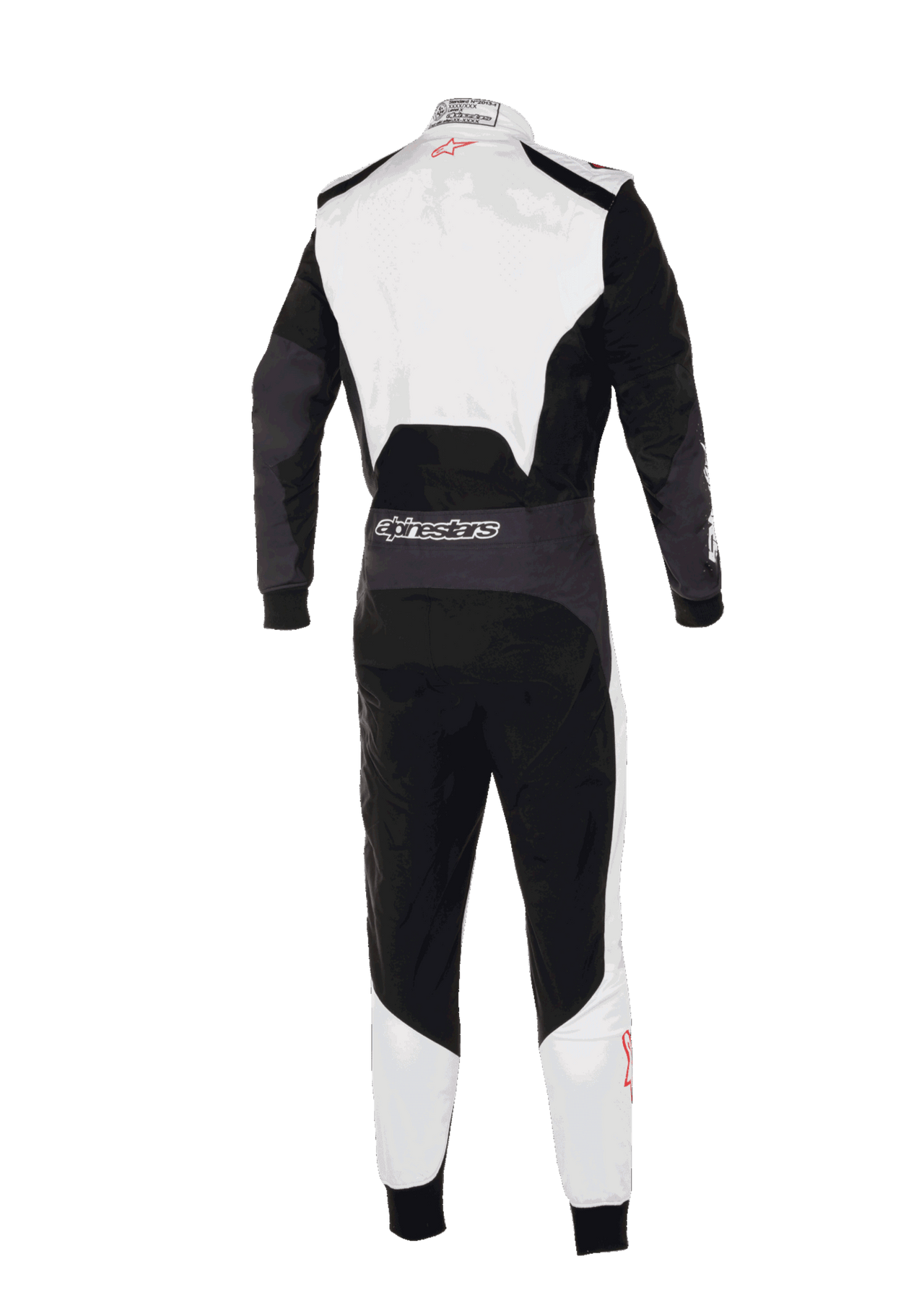 Alpinestars KMX-5 V3 Suit, back view of professional karting suit, White Black and Bright Red, featuring white upper back and lower legs with black main panels, Alpinestars branding on the rear waist, ergonomic design for competitive racing.