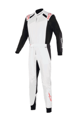 Alpinestars KMX-5 V3 Suit, Karting Suit, White Black and Bright Red, front view, featuring white chest and legs with black sleeves and side panels, red star logos on shoulders and lower leg, professional racing design for karting.