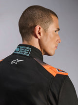 Alpinestars KMX-5 V3 Karting Suit, Black and Orange Fluo, FIA 8877-2022 Grade 1 certified, with technical mesh panels.