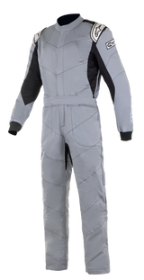 Alpinestars Knoxville V2 Suit, auto racing suit, mid gray and black, SFI certified fire-resistant cotton construction, front view showing pre-curved arms and stretch panels