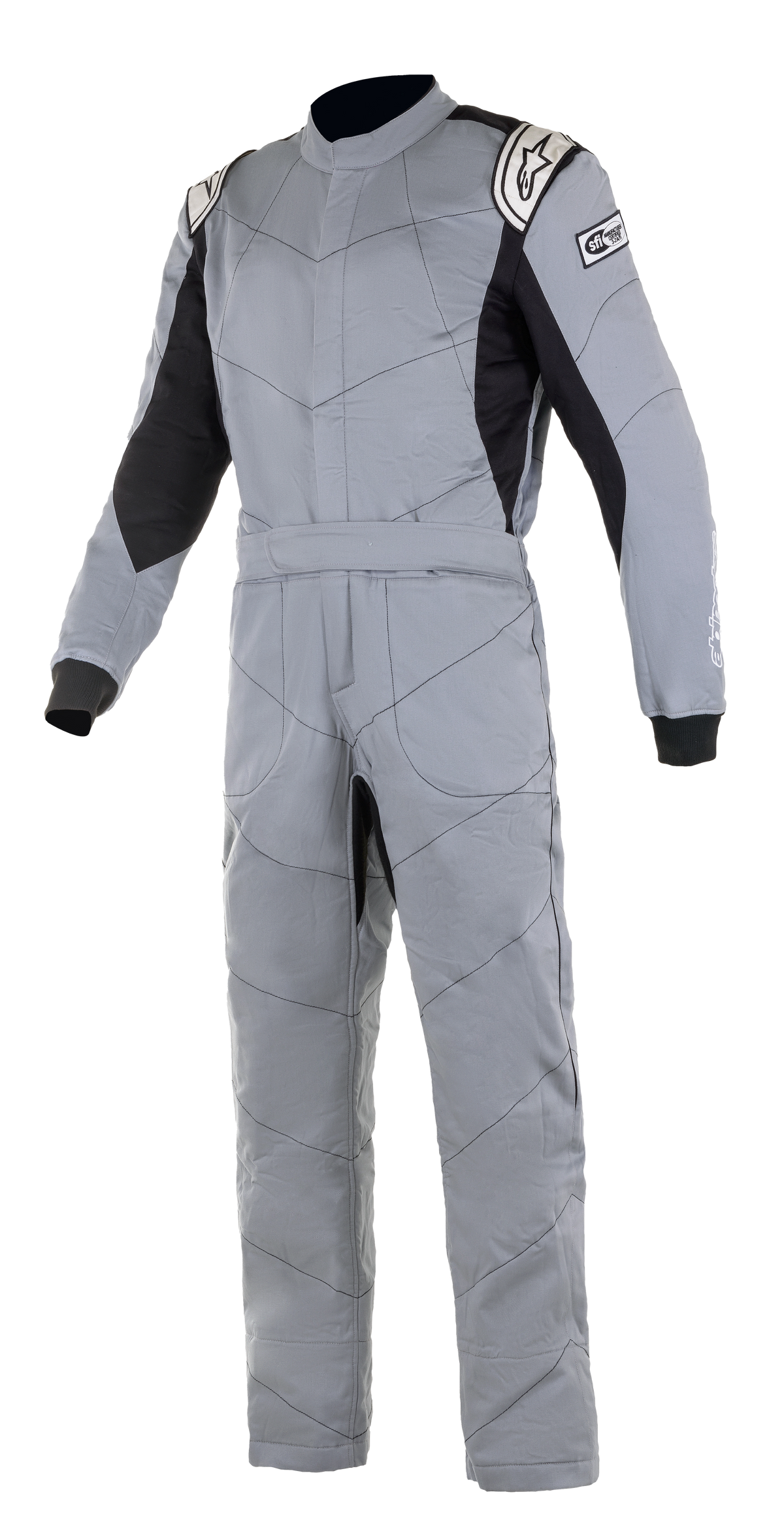 Alpinestars Knoxville V2 Suit, auto racing suit, mid gray and black, SFI certified fire-resistant cotton construction, front view showing pre-curved arms and stretch panels