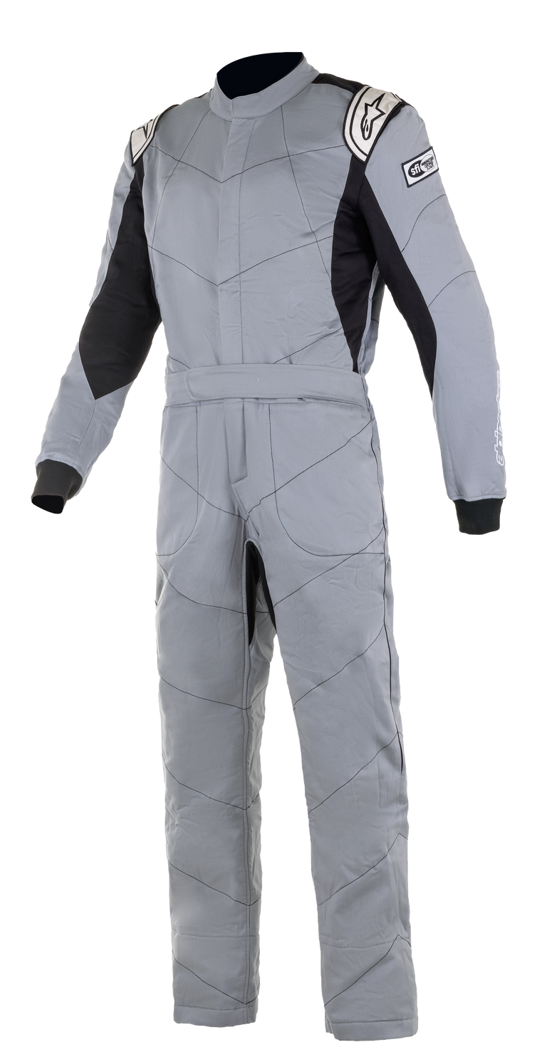 Alpinestars Knoxville V2 Suit, auto racing suit, mid gray and black, SFI certified fire-resistant cotton construction, front view showing pre-curved arms and stretch panels