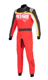 Alpinestars KMX-9 V3 Graphic 2 Suit, Karting Racing Suit, Red Black and White, high collar with front zipper, black shoulders and sleeves with yellow and white stripes, smooth fitted material for aerodynamic performance