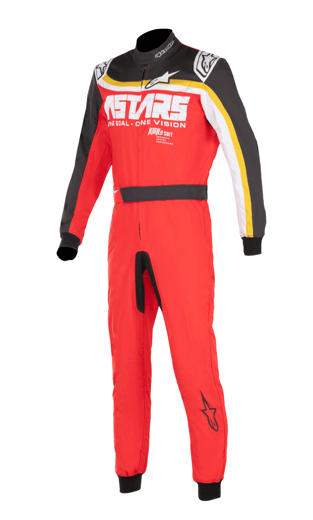 Alpinestars KMX-9 V3 Graphic 2 Suit, Karting Racing Suit, Red Black and White, high collar with front zipper, black shoulders and sleeves with yellow and white stripes, smooth fitted material for aerodynamic performance