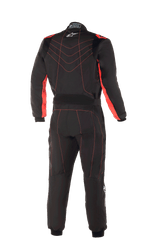 Alpinestars Youth KMX-9 V3 Suit, Karting Suit, Black and Red Fluo, rear view featuring red contrast stitching in a chevron pattern on the back, red panels on the inner arms, small white star logo on the collar, and an adjustable waist belt for a professional racing look.
