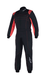 Alpinestars Youth KMX-9 V3 Suit, Karting Racing Suit, Black and Red Fluo, one-piece design with red shoulder accents and stitching, white Alpinestars logos, high-collar construction for youth competition