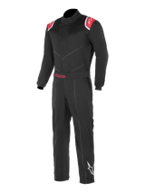 Alpinestars Kart Indoor Suit, Black and Red karting racing suit, featuring red shoulder panels with white star logos, adjustable waist belt with red Alpinestars branding, and white star logo on the lower left leg.
