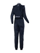 Alpinestars Woman Stella GP Pro Comp V2 Suit - FIA, Rear View, Black Asphalt and White, featuring white Stella and Alpinestars logos, professional auto racing suit with shoulder epaulettes and anatomical paneling for women.