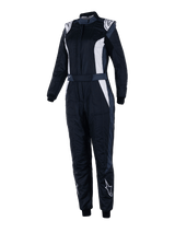 Alpinestars Stella GP Pro Comp V2 Suit, Women's FIA Racing Suit, Black Asphalt and White, long sleeves with high collar, white logos on shoulders and shins, adjustable waist belt, elastic cuffs, aerodynamic design for professional motorsport racing