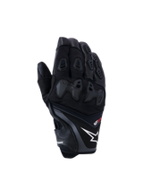 Alpinestars SP-R Pro Gloves, Black motorcycle racing gloves featuring a white star logo and red pro text, divided TPU knuckle protection and reinforced finger panels, premium leather and textile construction for sport riding