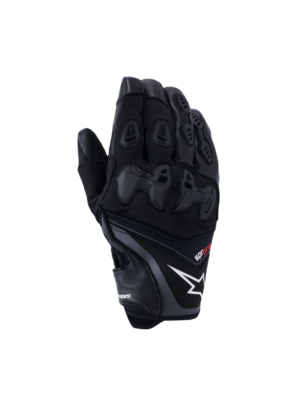 Alpinestars SP-R Pro Gloves, Black motorcycle racing gloves featuring a white star logo and red pro text, divided TPU knuckle protection and reinforced finger panels, premium leather and textile construction for sport riding