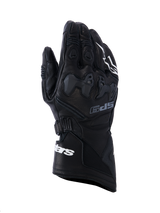 Alpinestars SP-9 Gloves, Black Motorcycle Racing Gloves, full-grain leather with SP-R TPU knuckle protection, long cuff with white Alpinestars branding, perforated details and ergonomic sport design