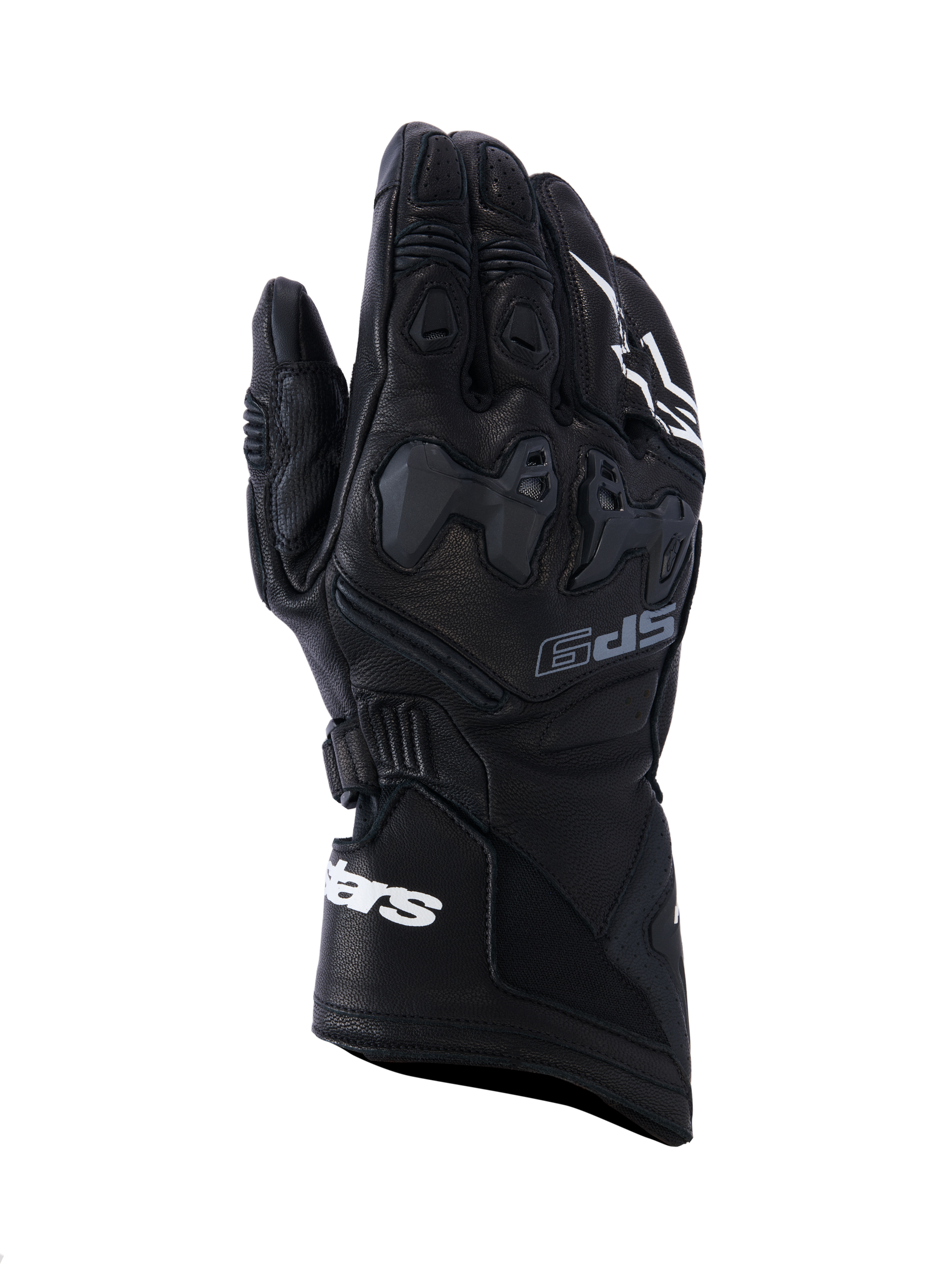 Alpinestars SP-9 Gloves, Black Motorcycle Racing Gloves, full-grain leather with SP-R TPU knuckle protection, long cuff with white Alpinestars branding, perforated details and ergonomic sport design