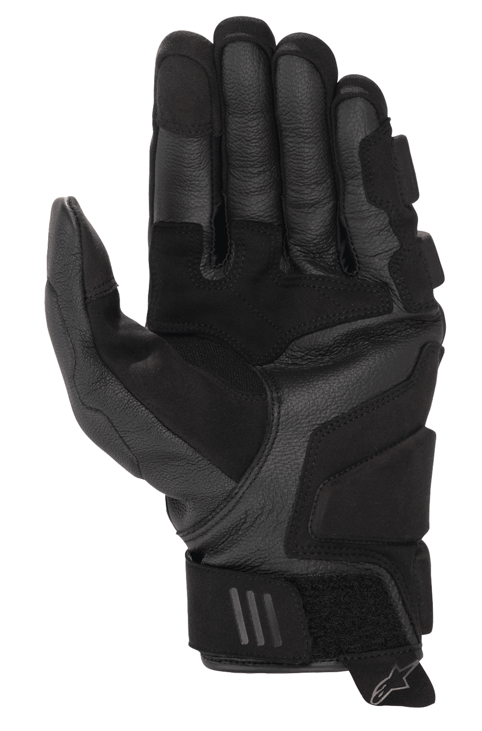 Alpinestars Phenom Leather Gloves, Motorcycle Gloves, Black, palm view featuring reinforced goat leather construction, padded landing zones, and short cuff design with adjustable wrist strap and Alpinestars logo pull tab