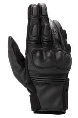 Alpinestars Phenom Leather Gloves, Motorcycle Riding Gloves, Black, top view showing perforated hard knuckle protection, reinforced fingers, accordion stretch inserts, and premium goat leather construction.