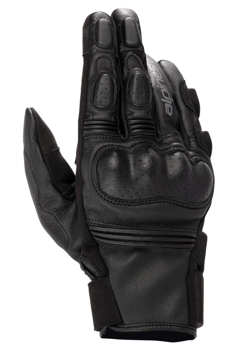 Alpinestars Phenom Leather Gloves, Motorcycle Riding Gloves, Black, top view showing perforated hard knuckle protection, reinforced fingers, accordion stretch inserts, and premium goat leather construction.