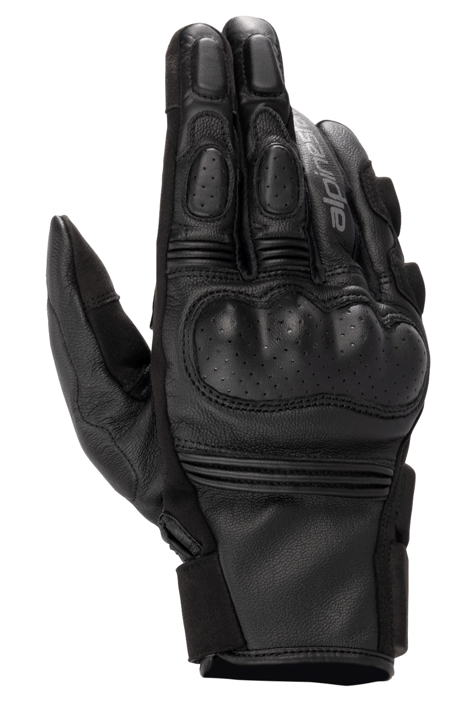 Alpinestars Phenom Leather Gloves, Motorcycle Riding Gloves, Black, top view showing perforated hard knuckle protection, reinforced fingers, accordion stretch inserts, and premium goat leather construction.