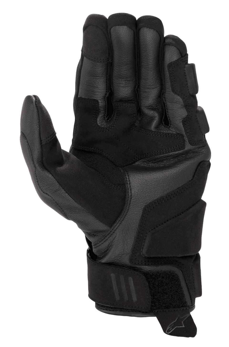 Alpinestars Phenom Leather Gloves, Motorcycle Gloves, Black, palm and side view showing premium goat leather construction, reinforced side hand and landing zones, short cuff with hook-and-loop closure, touchscreen-compatible fingertips, sport performance riding gear