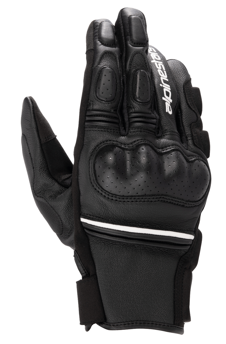 Alpinestars Phenom Leather Gloves, Black and White, short-cuff motorcycle gloves with hard knuckle protection, perforated leather details, white Alpinestars branding on the index finger, and white stripe accent at the wrist