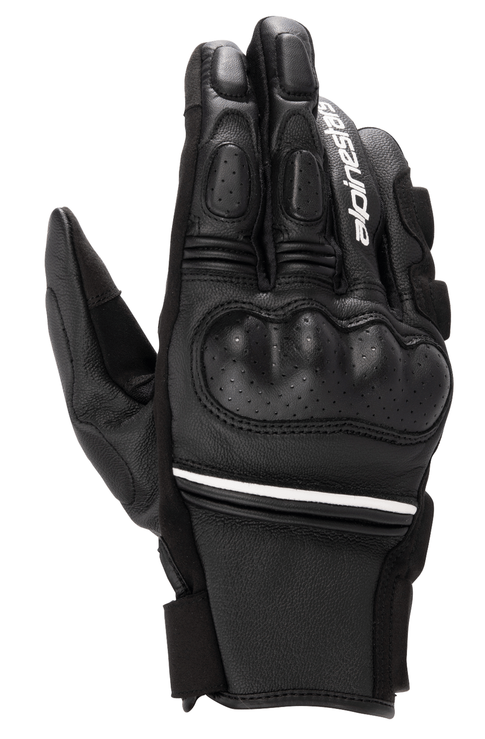 Alpinestars Phenom Leather Gloves, Black and White, short-cuff motorcycle gloves with hard knuckle protection, perforated leather details, white Alpinestars branding on the index finger, and white stripe accent at the wrist