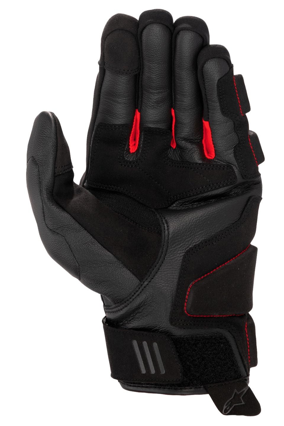 Alpinestars Phenom Leather Gloves, Motorcycle Gloves, Black and Bright Red, palm side view showing premium goat leather, red fabric between fingers, reinforced impact zones, and adjustable velcro wrist closure