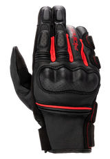 Alpinestars Phenom Leather Gloves, Motorcycle Racing Gloves, Black and Bright Red, perforated hard knuckle guard, premium goat leather construction, red accordion stretch inserts, and Alpinestars branding on the side.