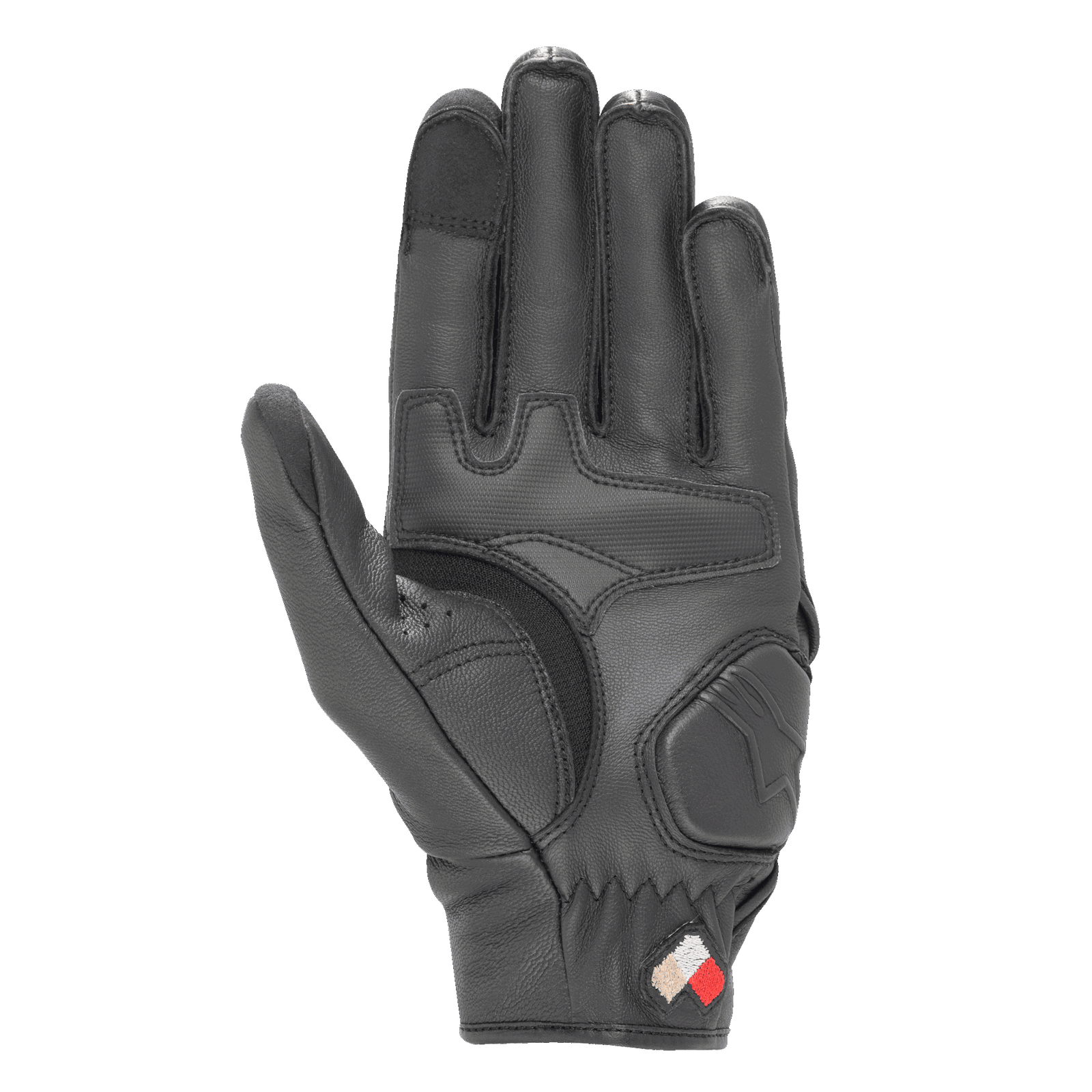 Alpinestars Dyno Leather Gloves, Black, Palm view showing padded reinforcements and goat leather construction, touchscreen compatible fingertips, short cuff road riding glove for urban use
