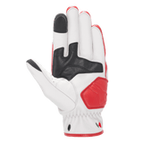 Alpinestars Dyno Leather Gloves, Leather Motorcycle Gloves, Ecru and Ruby Red, palm side view featuring black leather reinforcements, red padded landing zone, touchscreen-compatible fingertips on index and thumb, durable goat leather construction for urban riding.