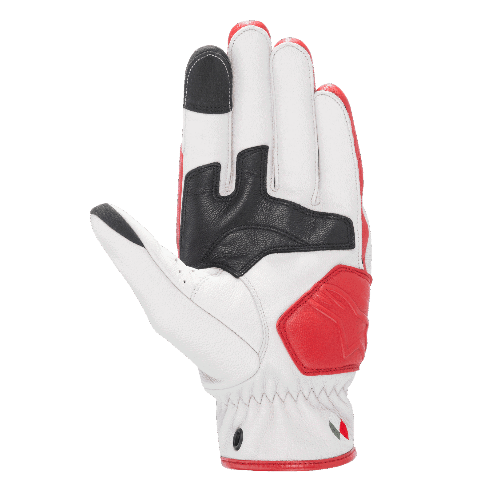 Alpinestars Dyno Leather Gloves, Leather Motorcycle Gloves, Ecru and Ruby Red, palm side view featuring black leather reinforcements, red padded landing zone, touchscreen-compatible fingertips on index and thumb, durable goat leather construction for urban riding.