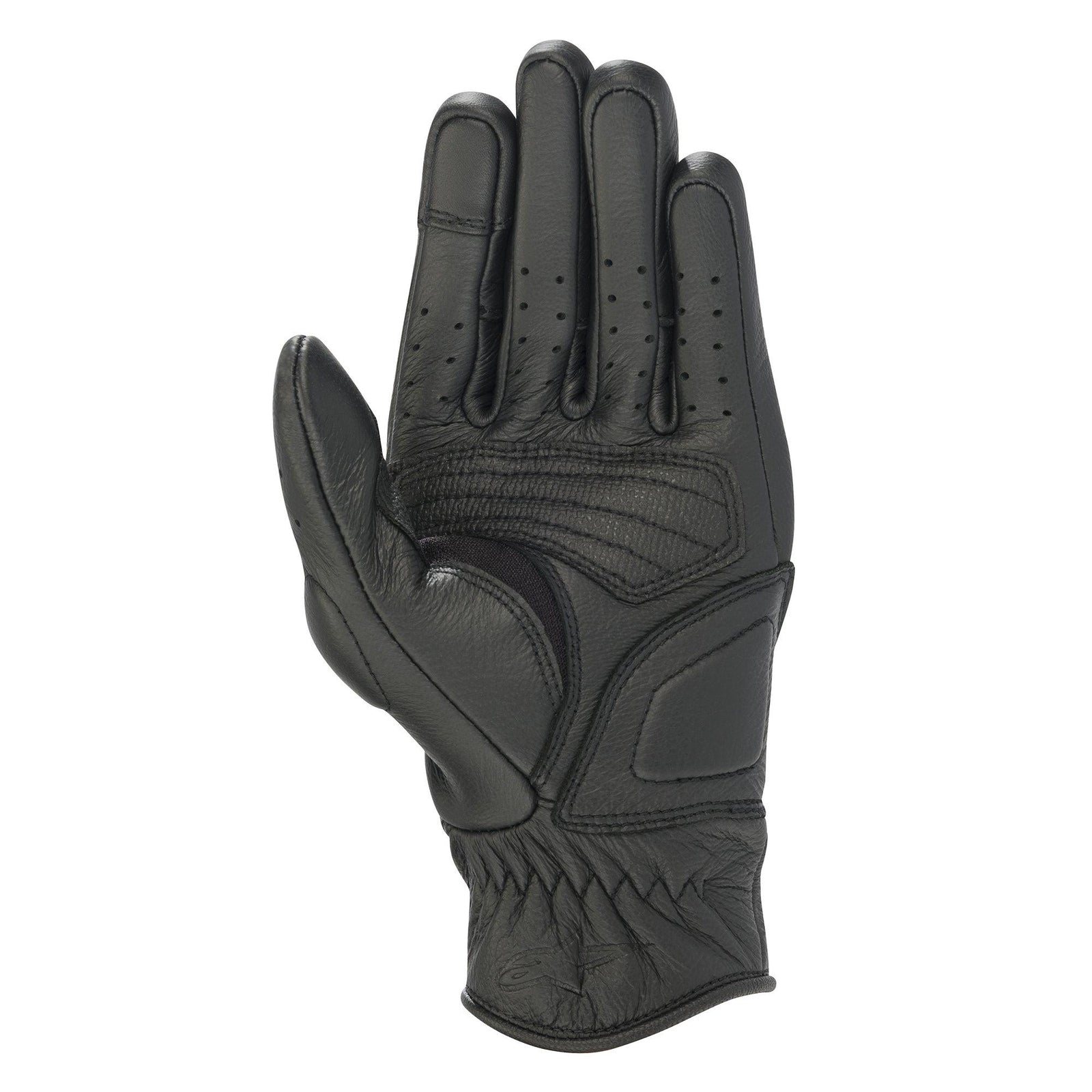 Alpinestars Women Stella Vika V2 Gloves, Black Leather Motorcycle Gloves, palm side view showing reinforced padding, perforated fingers for airflow, and short cuff design