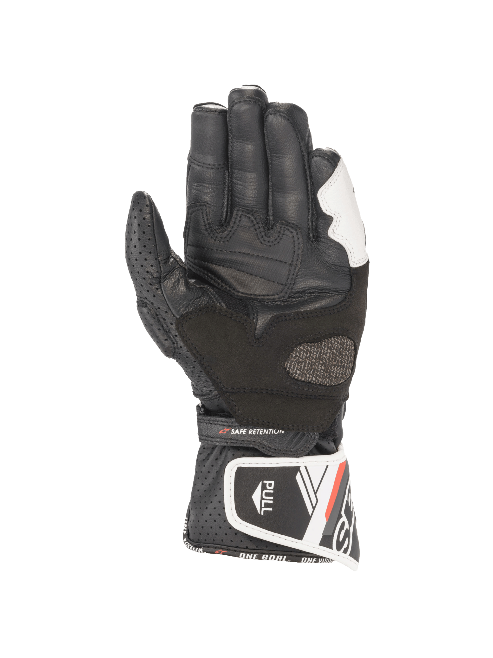 Alpinestars Stella SP-8 V3 Women's Leather Motorcycle Gloves in Black and White, featuring a reinforced palm grip.