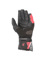 Alpinestars Stella SP-8 V3 Women's Racing Gloves, Black and Diva Pink, leather palm view with secure hook and loop cuff.