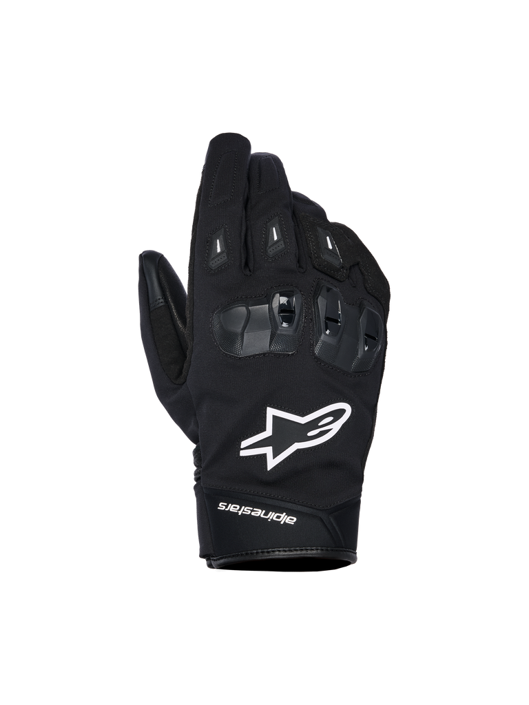 Alpinestars SP X Z Waterproof Gloves, Black motorcycle gloves with white star logo, featuring textured SP X TPU knuckle protection with glossy black segments, sleek street design with reinforced stitching, waterproof construction for all-weather riding
