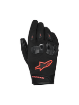 Alpinestars SP X Z Waterproof Gloves, Motorcycle Gloves, Black and Red Fluo, featuring divided TPU knuckle protectors with ventilation, bright red fluo logo on the back of the hand, and durable textile and leather construction for all-weather performance.