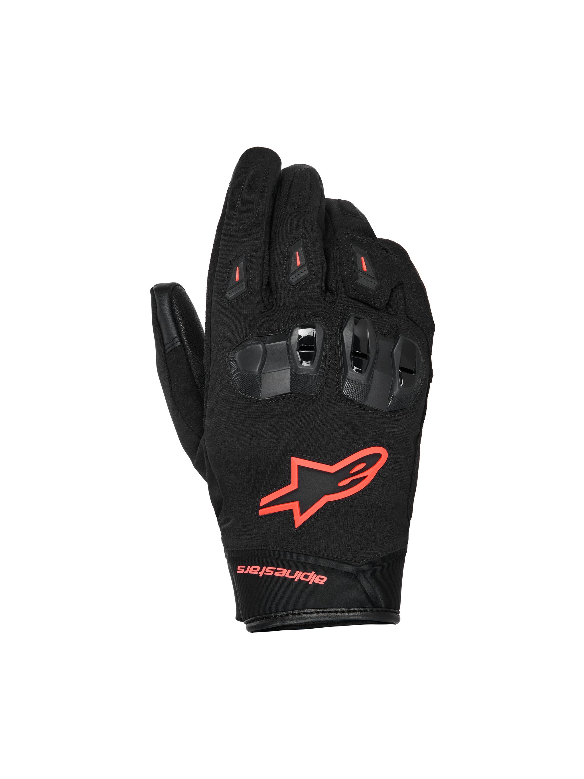 Alpinestars SP X Z Waterproof Gloves, Motorcycle Gloves, Black and Red Fluo, featuring divided TPU knuckle protectors with ventilation, bright red fluo logo on the back of the hand, and durable textile and leather construction for all-weather performance.