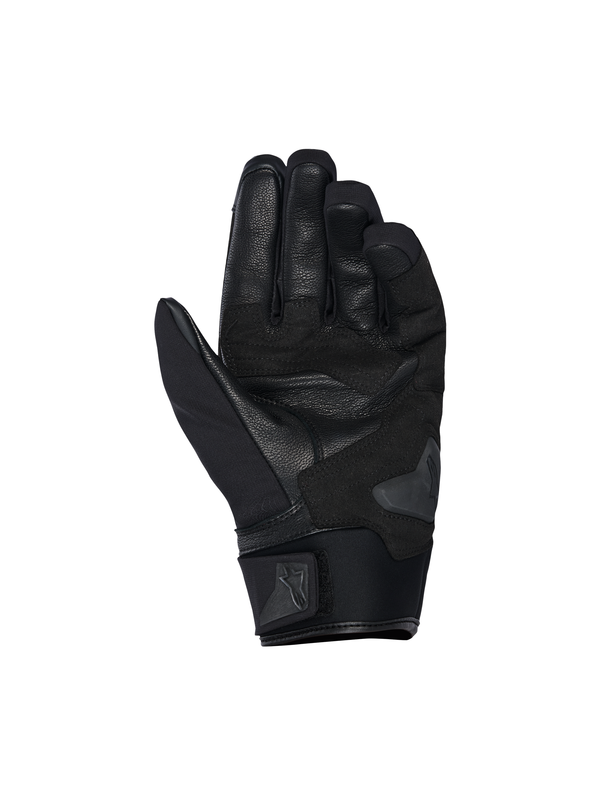 Alpinestars SP X Z Waterproof Gloves, Palm View, Black Black, featuring a durable leather palm with reinforced sections, palm slider, and a soft neoprene cuff with an adjustable Alpinestars logo strap.